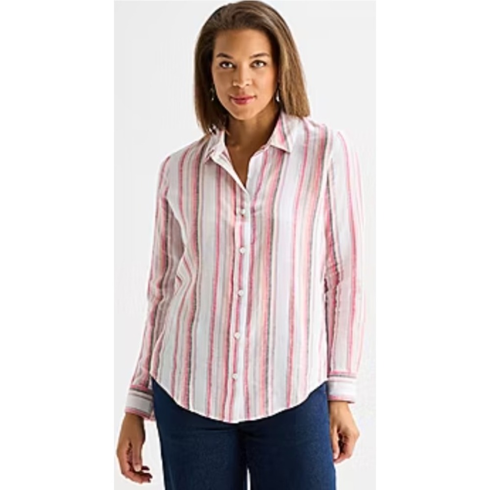 Liz Claiborne Striped Button Up Shirt Wrinkle Free Pink White Women Size 10 NWT